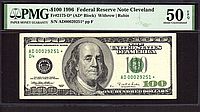 Fr.2175-D, 1996 $100 Cleveland Star FRN, AD00029251*, AU, PMG-50 EPQ